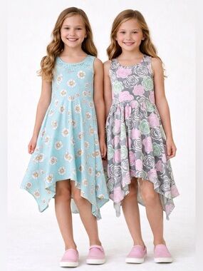 Girls Dress Bundle M 7/8 Wonder Nation + Faded Glory Floral Asymmetrical Dresses